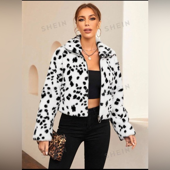 Shein Dalmatian Pattern Drop Shoulder Fuzzy Cozy Zip Up Coat Black/White 2XL - Picture 9 of 15